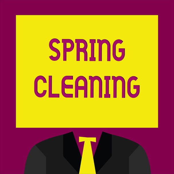 春のクリーニングを示す概念的な手の執筆。春に徹底的に家を掃除する業務写真テキスト練習 - 写真・画像