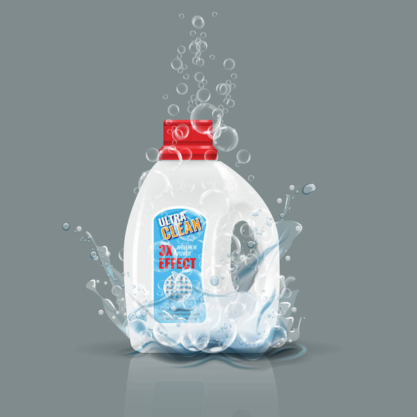 Niebieski prania detergentu butelka makieta z plusk wody. Ilustracja wektorowa. - Wektor, obraz