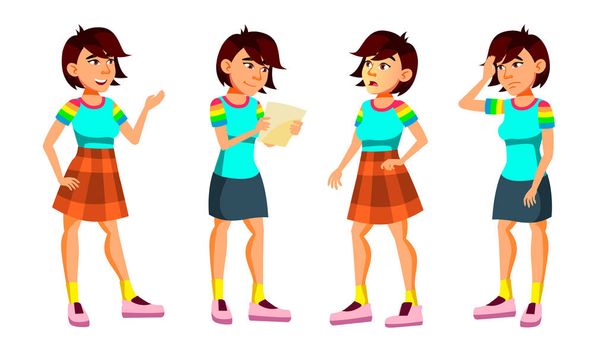 Asian Teen Girl Poses Set Vector. Active, Expression. For Presentation, Print, Invitation Design. Isolated Cartoon Illustration - Vector, Image