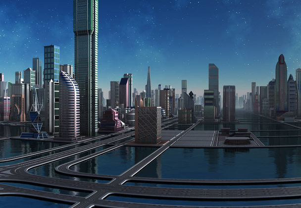  3D gerenderte futuristische Stadt - 3D-Illustration - Foto, Bild