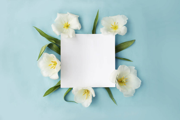 White flowers with copy space on blue background - Fotó, kép