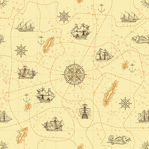 Векторний абстрактний безшовний фон на тему подорожей, пригод та відкриттів. Стара мальована карта з старовинними вітрильними яхтами, трояндами вітру, маршрутами та морськими символами
 - Вектор, зображення