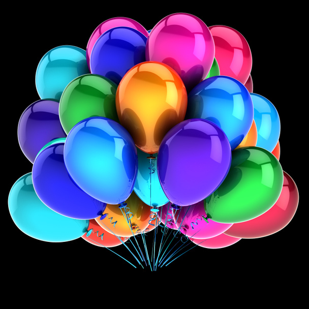 барвисті карнавальні кульки, прикраса вечірки на день народження різнокольорові святкові. Куля з гелієвої кулі глянцева. символ святкування річниці. 3d ілюстрація, ізольована на чорному
 - Фото, зображення