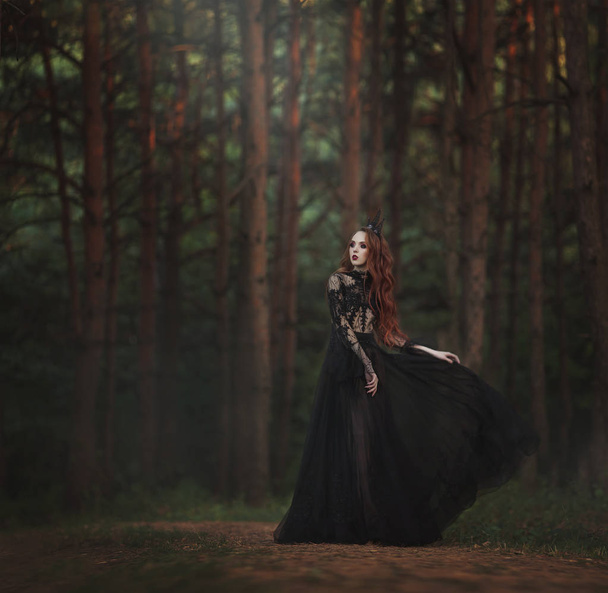 A beautiful gothic princess with pale skin and very long red hair in a black crown and a black long dress walks in a misty fairy-tale autumn forest. The costume of the dark queen. Artistic processing. - Photo, image