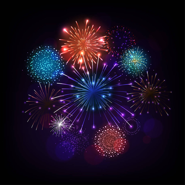 Illustrazione di congratulazioni con Fuochi d'artificio sfondo blu. Progettazione di vacanze vettoriali per biglietto di auguri premium, invito alla festa
. - Vettoriali, immagini