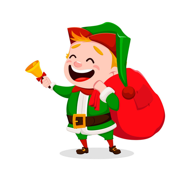 Veselé Vánoce. Zábavné Santa Claus pomocníka. Veselý roztomilý elf. Kreslená postava drží ruku bell. Použitelné pro blahopřání, banner, plakát, leták, popisek nebo značky. Vektorové ilustrace. - Vektor, obrázek