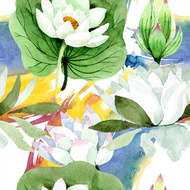 Watercolor white lotus flower. Floral botanical flower. Seamless background pattern. Fabric wallpaper print texture. Aquarelle wildflower for background, texture, wrapper pattern, frame or border. - Photo, Image
