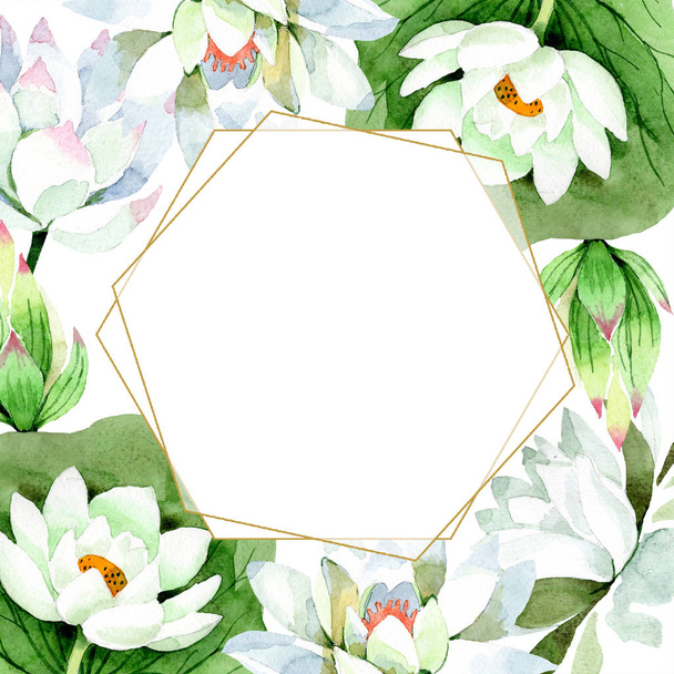 Watercolor white lotus flower. Floral botanical flower. Frame border ornament square. Aquarelle wildflower for background, texture, wrapper pattern, frame or border. - Foto, Imagen