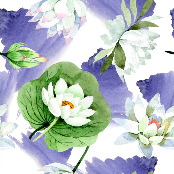 Watercolor white lotus flower. Floral botanical flower. Seamless background pattern. Fabric wallpaper print texture. Aquarelle wildflower for background, texture, wrapper pattern, frame or border. - Photo, Image