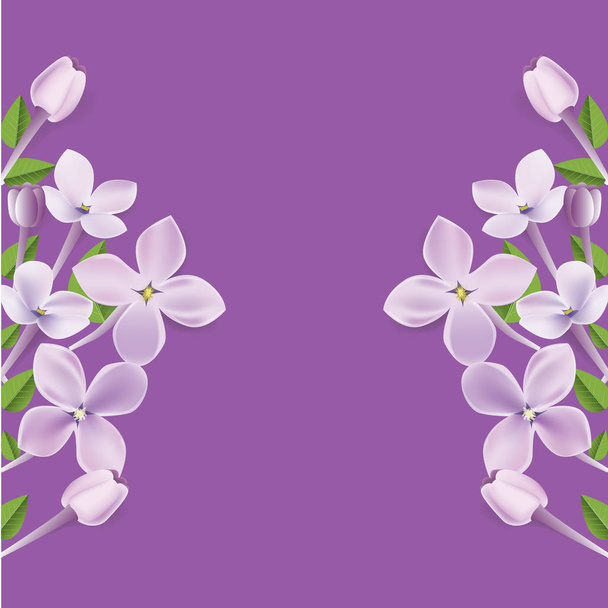 marco floral realista 3d o ilustración de borde para su diseño de anuncio con fondo blanco vacío. Vector Lila púrpura flores, hojas y pétalos ilustración
. - Vector, Imagen