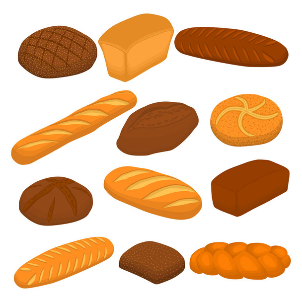 Vektor illusztrációja készlet sült kenyér, sötét rozskő tégla, puha bagett pékség. Péksüteményből álló kenyér, természetes ízletes búzaeledel szeletelt pirítósban. Pékség friss gabonakenyér különböző fajtájú - Vektor, kép