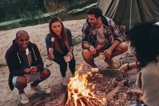 best friends at campfire with marshmallows  - Φωτογραφία, εικόνα