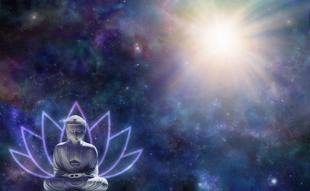 Buddhism Enlightenment Background - Buda en posición sentada con un símbolo de flor de loto detrás contra un cielo nocturno estrellado oscuro con una magnífica explosión de luz en la esquina superior derecha y espacio de copia
  - Foto, imagen