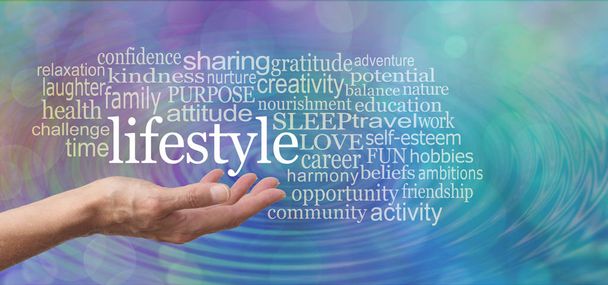 Lifestyle word tag cloud - female hand palm facing up with the word LIFESTYLE floating above surrounded by a relevant positive word tag cloud against a blue purple water ripple bokeh background - Photo, Image