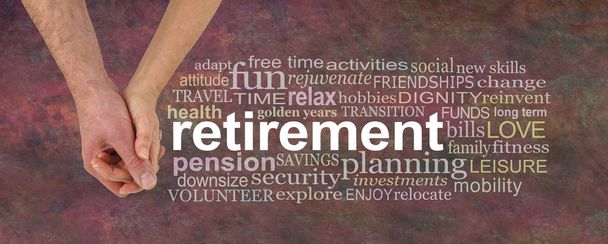 You and me retiring together word cloud - male and female holding hands with a RETIREMENT word cloud against a warm coloured rustic background                    - Photo, Image