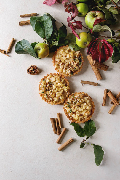 Homemade sweet apple shortbread tartlets with cinnamon sticks, walnuts, apples, red leaves branches above over white marble background. Autumn baking. Flat lay, space - Φωτογραφία, εικόνα