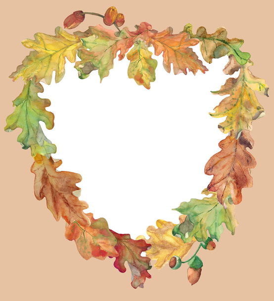 Heart-shape watercolour frame with autumn oak leaves and acorns. Wight background for text. Well for photos and season offers. - Foto, afbeelding
