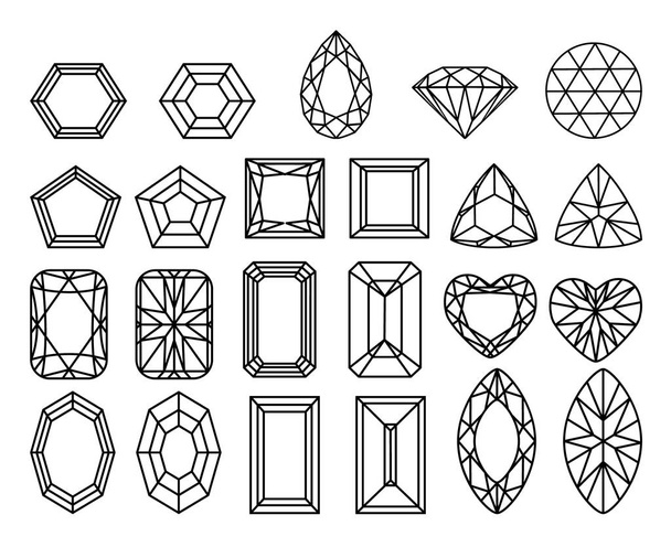 Set di diamanti, pietre preziose di diverse forme di taglio. Disegno di linea
 - Vettoriali, immagini