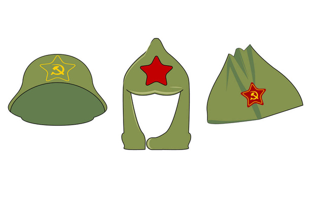 3 czapki z symbolami z ZSRR. Kapelusze zielony Armii Czerwonej Gwiazdy, sierp i młot - Wektor, obraz