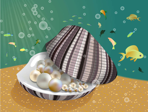 Seashell met parels binnen op het zand in de zee, rond drijvend verschillende vissen en luchtbellen - Vector, afbeelding