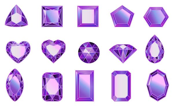Set of diamonds of different cut shapes in Ultraviolet color. - Vector, Image