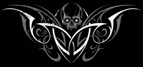 gotische abstrakte Ornamentvektorform mit Totenkopf. weiß und grau auf schwarz. Grunge Tattoo Vektor Illustration. - Vektor, Bild