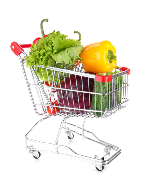 Fresh vegetables in trolley isolated on white - 写真・画像