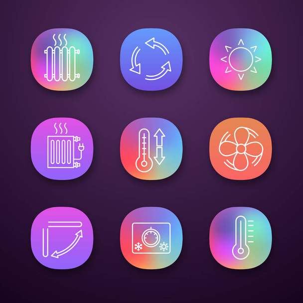 Air conditioning app icons set. Radiators, ventilation, sun, climate control, exhaust fan, conditioner louver, thermostat, thermometer.  - Вектор, зображення