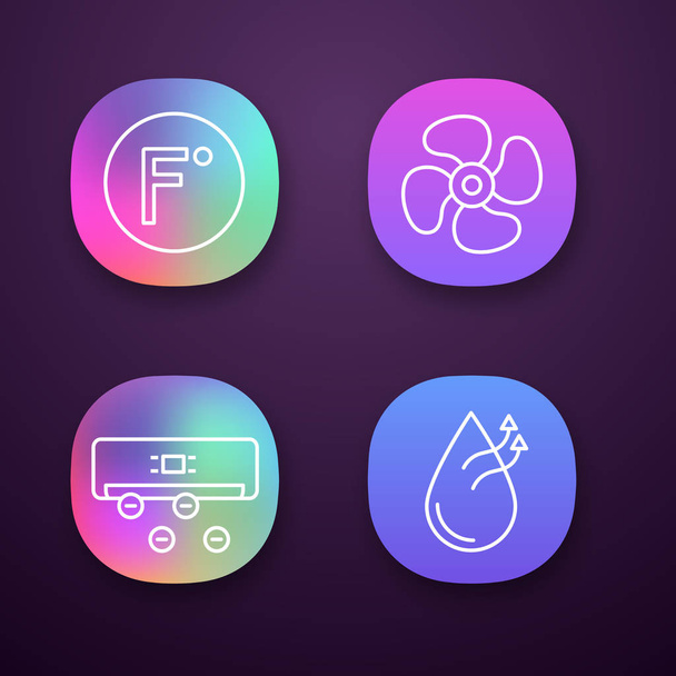 Air conditioning app icons set. Fahrenheit degrees, exhaust fan, ionizer, air humidification.  - Vecteur, image