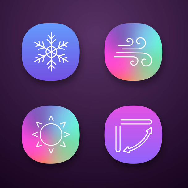 Air conditioning app icons set. Snowflake, airflow, sun, air conditioner louvers.  - Vetor, Imagem