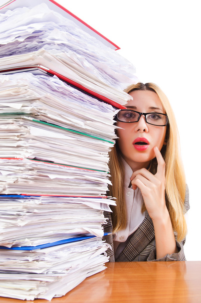 Busy woman with stacks of paper - Фото, зображення