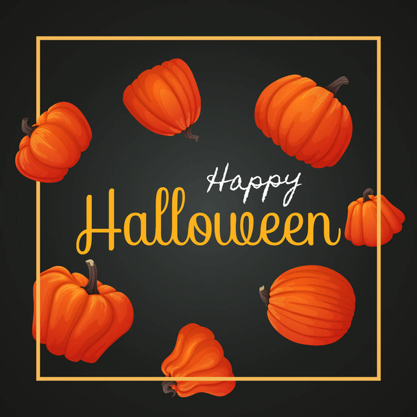 Vector background, sign, poster design. Happy halloween greeting card. Yellow square frame with orange pumpkins on a dark background. - Vector, afbeelding