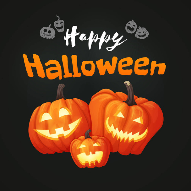 Vector background, sign, poster design. Happy halloween poster with three pumpkins with faces on the dark background. - Vector, afbeelding