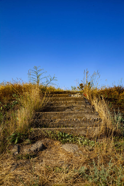 Stairs to the meadow. Uneven steps from the ground lead up the hill. - Fotografie, Obrázek