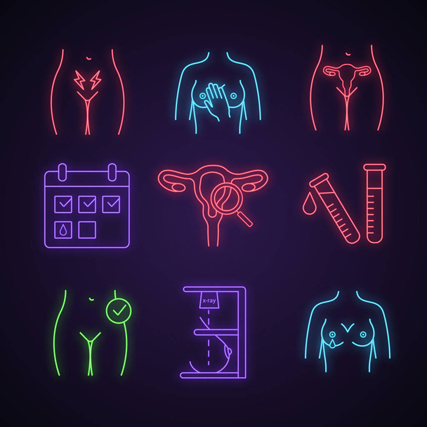 Gynekologii neonové světlo ikon nastavení. Menstruační kalendář, sekrece z bradavky, laboratorní testy, prohmatání, neplodnosti, mamografie, zkoušky, bolesti, děloha. - Vektor, obrázek