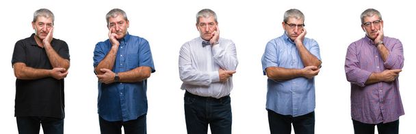 Collage di anziano hoary uomo su bianco isolato backgroud pensiero cercando stanco e annoiato con problemi di depressione con le braccia incrociate
. - Foto, immagini