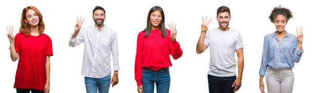 Колаж групового китайського, індійського, його іспанських людей над ізольованим тлом, що показує і вказує пальцями номер три, посміхаючись впевнено і щасливо
. - Фото, зображення