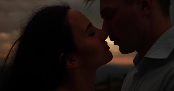 Gone with the wind. Picture of a lovely couple hugging each other tender and kissing while standing on the hill with beautiful red and grey sunset over them - Footage, Video