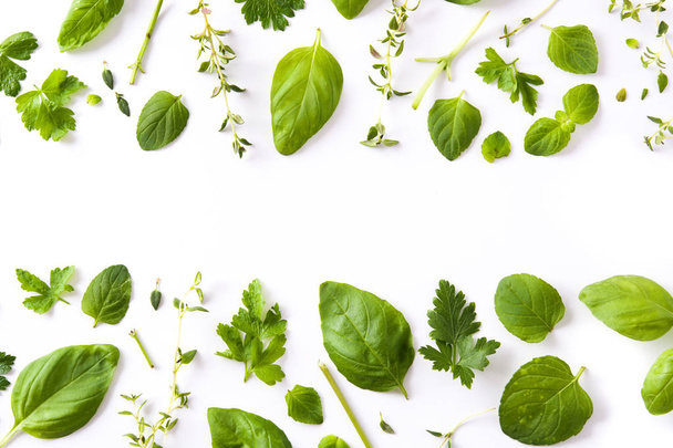 Green fresh aromatic herbs pattern isolated on white background. Top view. Copyspace. - Foto, Imagen