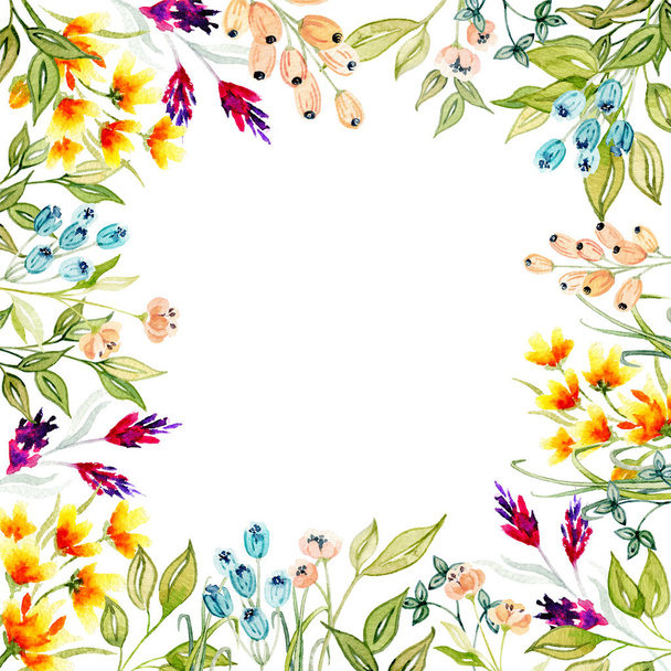 Watercolor floral arrangements with leaves, herbs, flowers. - Foto, Imagem