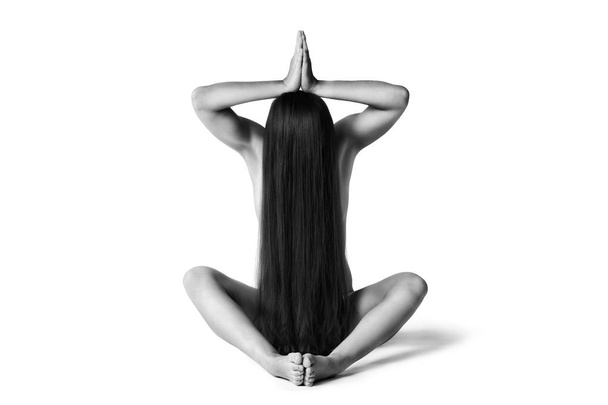 Art nude, perfect naked body, sexy woman isolated on white background, black and white photography, studio shot - Valokuva, kuva