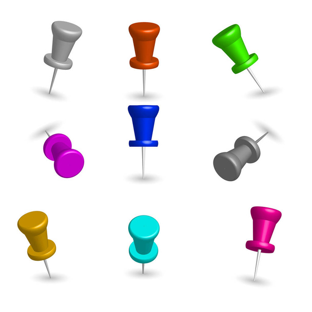 Set van gekleurde 3d pushpins, geïsoleerd op witte achtergrond, vectorillustratie. - Vector, afbeelding