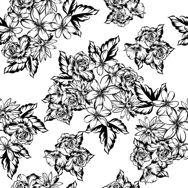 Seamless vintage style flower pattern. Floral elements in black and white. - Vektori, kuva