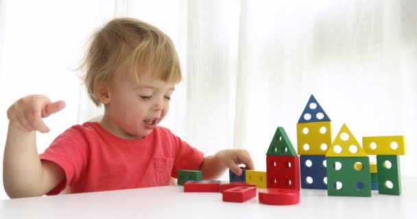 Boy staví dům z dřevěných kostek smích a na bílém - Záběry, video