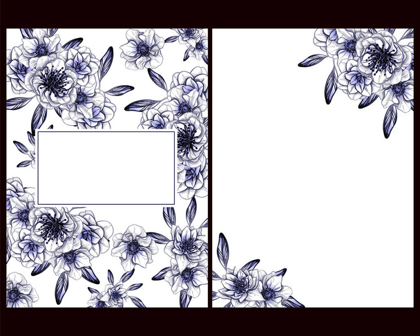Vintage style flower dark blue wedding cards set. Floral elements and frames. - Вектор,изображение
