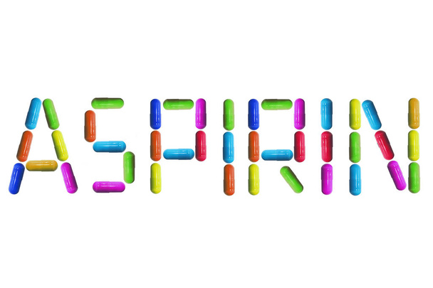 Aspirina - iscrizione isolata su sfondo bianco di compresse multicolori. Preparazioni mediche di uso coglione. Cura della salute umana e della popolazione. Prevenzione delle malattie. Minerali e tracce
 - Foto, immagini