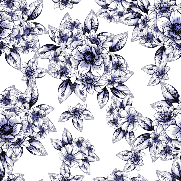 nahtloser Vintage-Stil dunkelblaues Blumenmuster. Blütenelemente. - Vektor, Bild