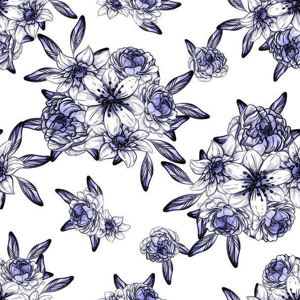 Seamless vintage style dark blue flower pattern. Floral elements. - Vektori, kuva