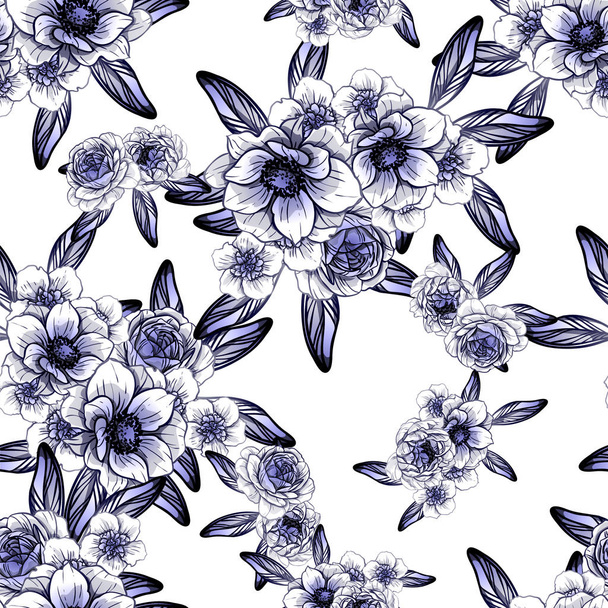 Seamless vintage style dark blue flower pattern. Floral elements. - Vektor, Bild
