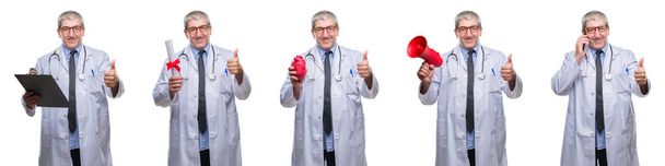 Колаж старшого дорослого лікаря над білим ізольованим задньою груддю щасливий з великою посмішкою роблячи знак ок, великий палець з пальцями, відмінний знак
 - Фото, зображення